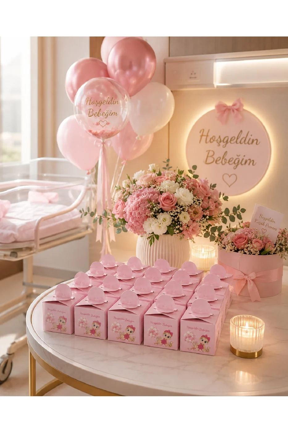 25 Adet Hoş Geldin Bebeğim Lokum Kutusu | Baby Shower Pembe Hediyelik Şeker Kutusu | Premium Karton gorsel 2