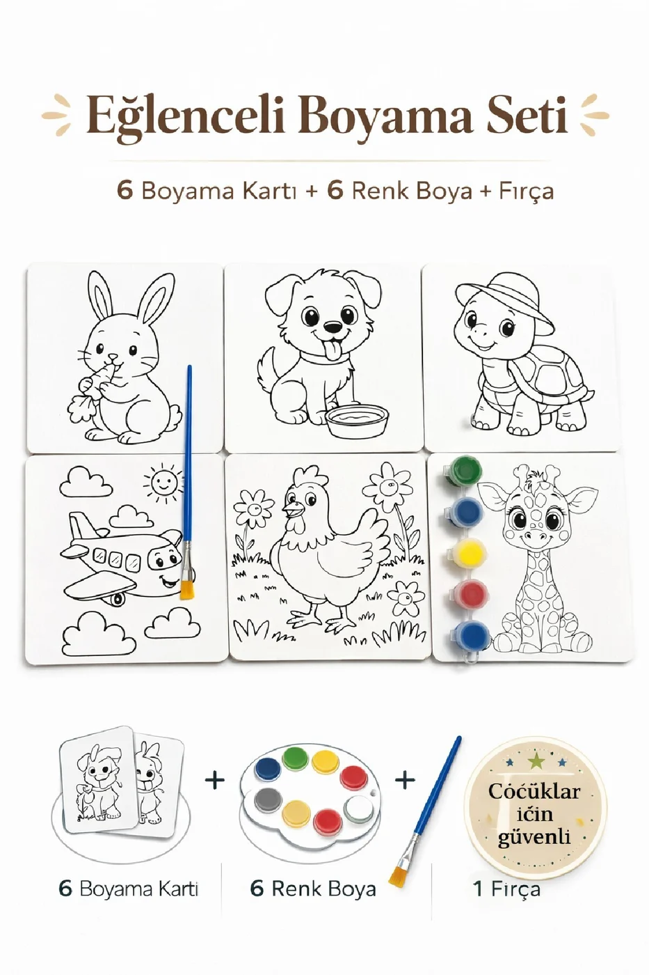 Boyama Kitabı Seti Değil! 6 Parça Kartlı Boyama Seti (Fırça + Boya Dahil) | Çocuk Aktivite Seti