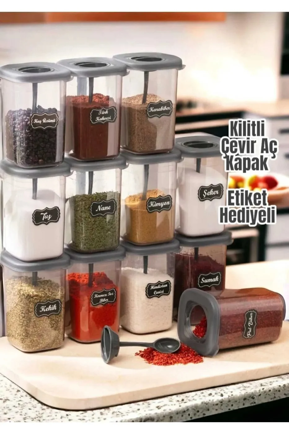 Etiketli 3'lü 450ml  Kendinden Kaşıklı Kilitlenebilir Kapaklı Baharatlık Seti gorsel 5