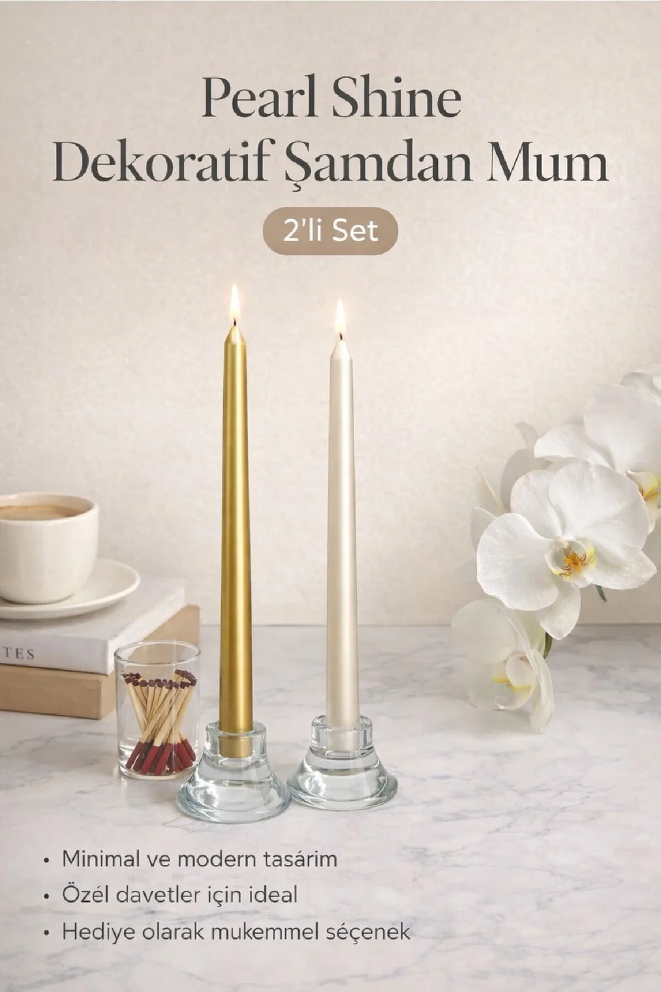 LUXE Şamdan Mum Seti 2’li Gold / Ivory / Silver Dekoratif Uzun Şamdan Mum