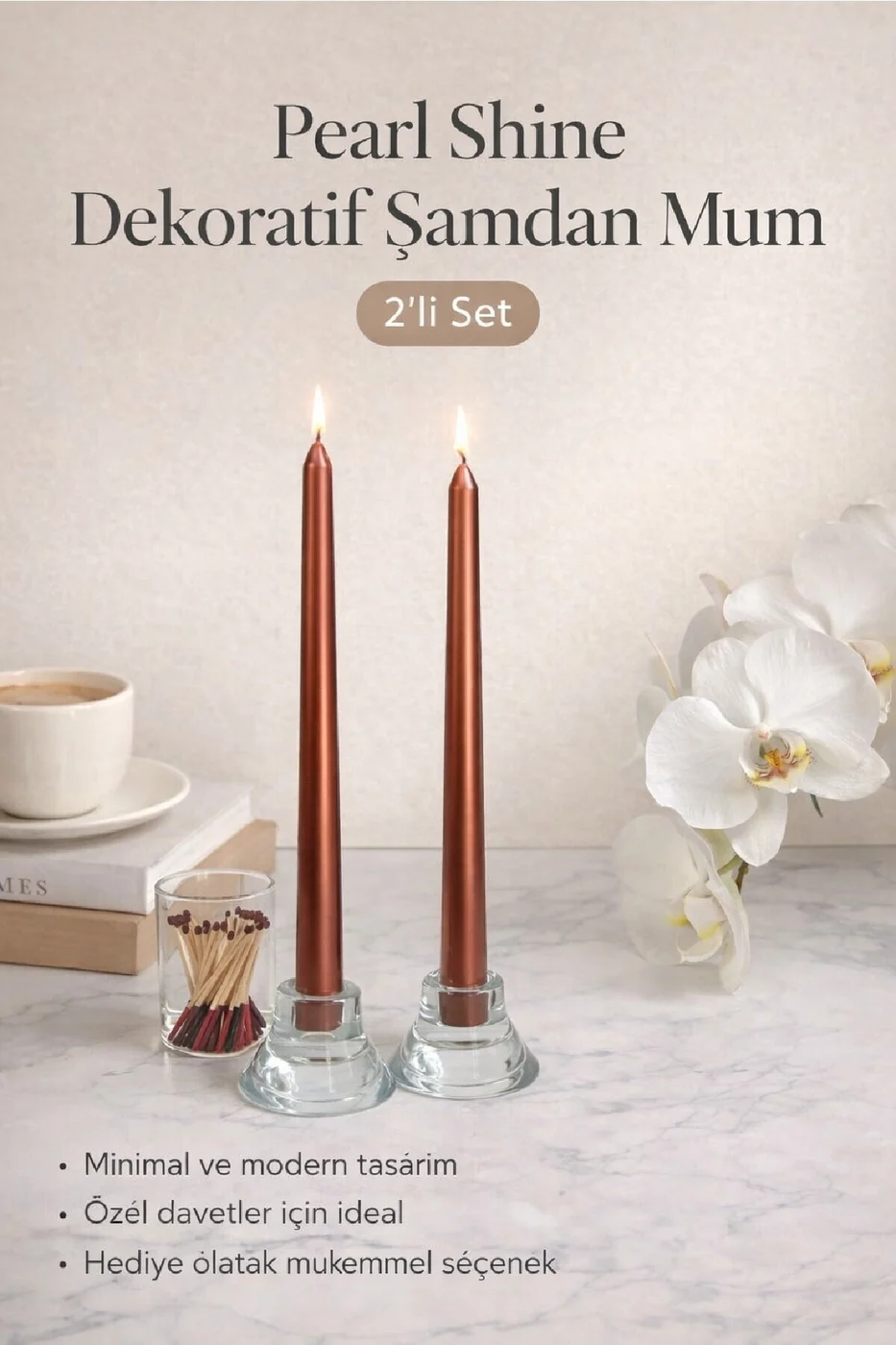 LUXE Şamdan Mum Seti 2’li Gold / Ivory / Silver Dekoratif Uzun Şamdan Mum gorsel 2