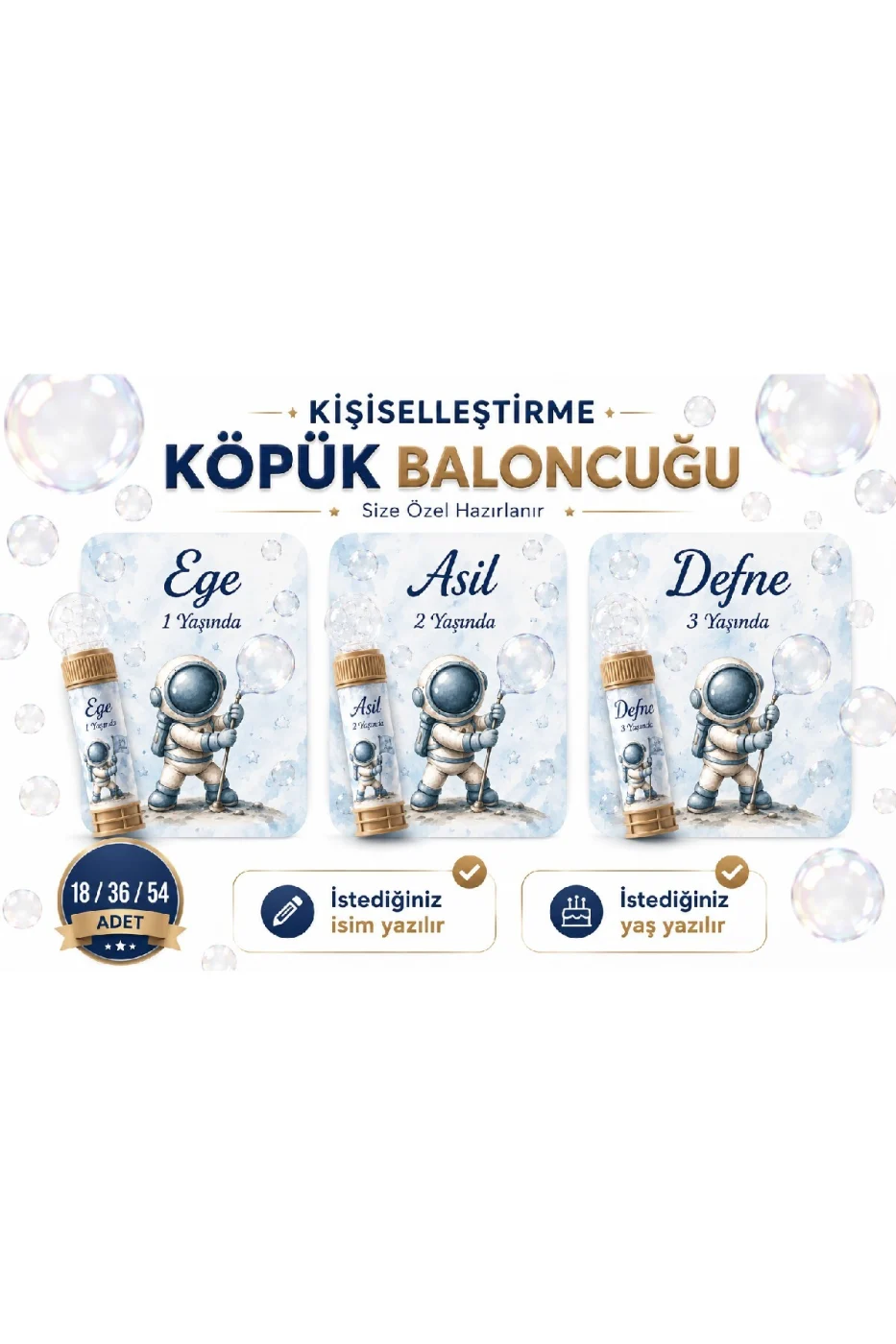 Kişiye Özel İsim Baskılı Uzay Temalı Köpük Baloncuk Bubble Oyuncağı Çocuk Doğum Günü Parti Hediyeliği 18'li 36'lı 54'lü Set gorsel 3