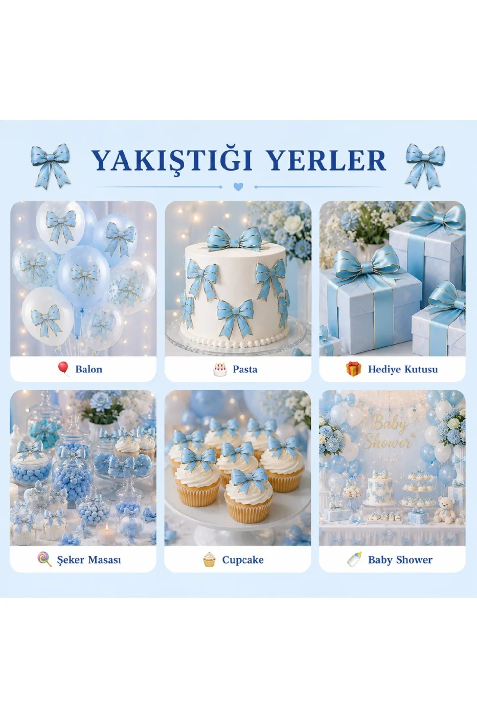 Renk Seçenekli Fiyonk Balon ve Pasta Dekor Fiyonk Seti 12 Adet Büyük & Küçük Boy Parti Süsü Baby Shower Doğum Günü Seti Süsü gorsel 6
