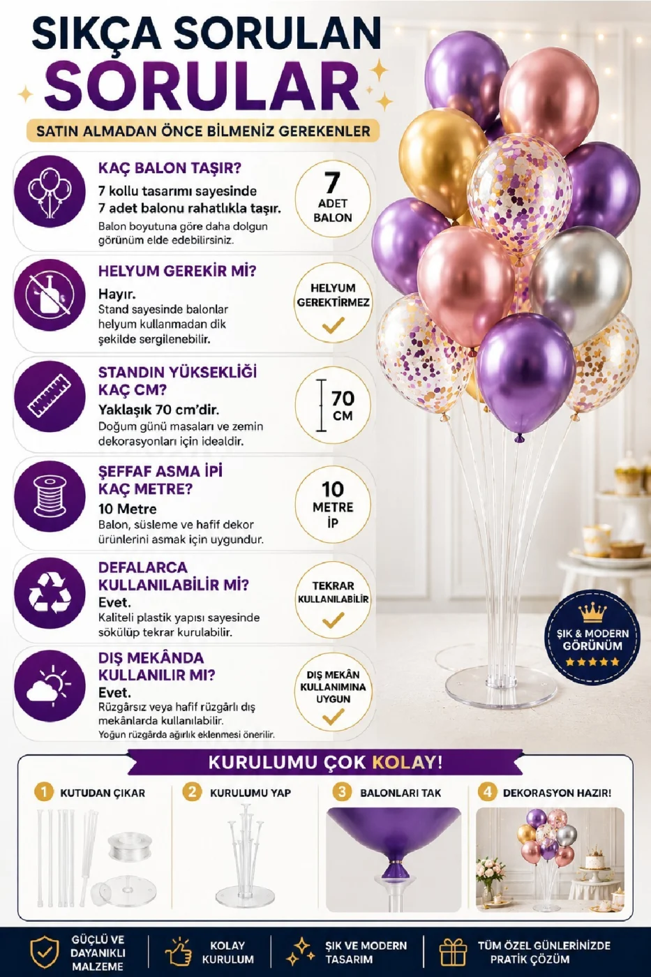 2'li Şeffaf Balon Standı Seti | 7 Kollu Balon Standı + 10 Metre Şeffaf Asma İpi | Doğum Günü, Baby Shower, Nişan ve Organizasyonlar İçin Parti Aksesuarı Parti Seti Süsü gorsel 3