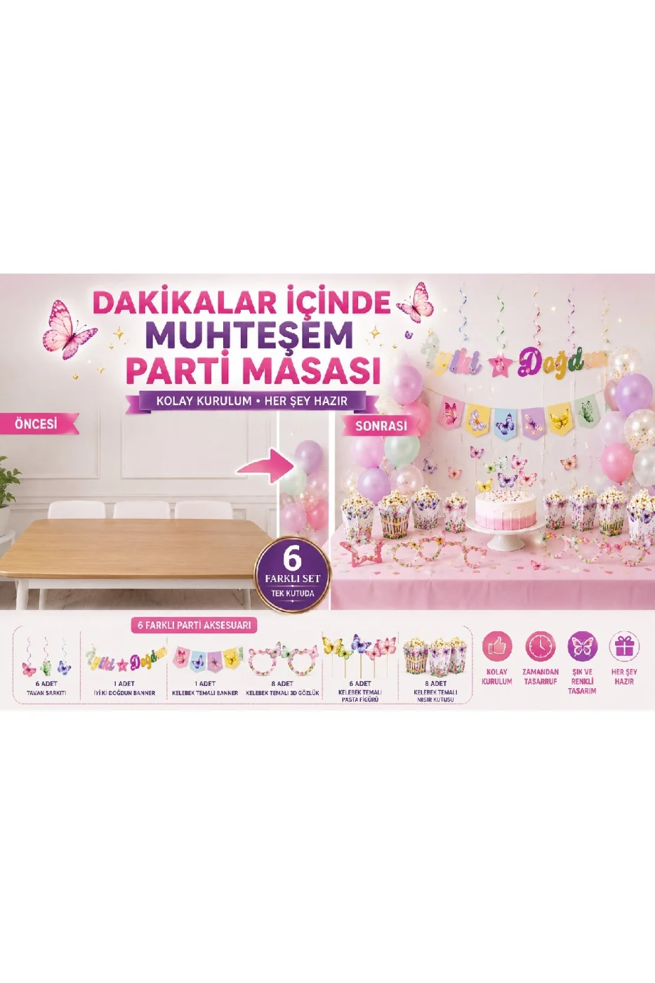 Kelebek Parti Seti 6 Parça | Doğum Günü Süsleri | İyi Ki Doğdun Banner | 3D Gözlük | Pasta Süsü | Mısır Kutusu gorsel 3