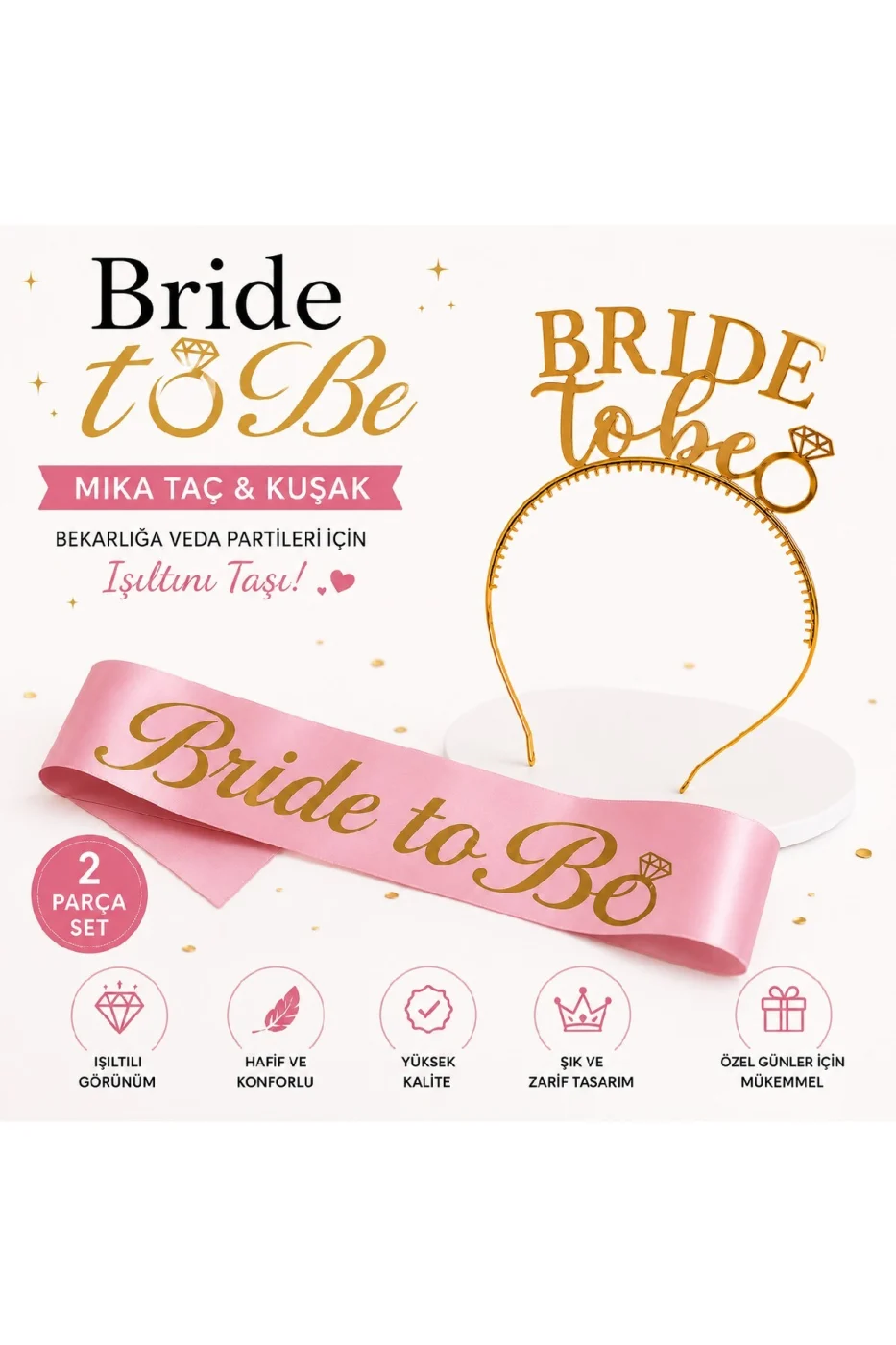 Bride To Be Taç ve Pembe Kuşak Seti - Bekarlığa Veda Gelin Aksesuarı - Bridal Shower Parti Seti gorsel 3