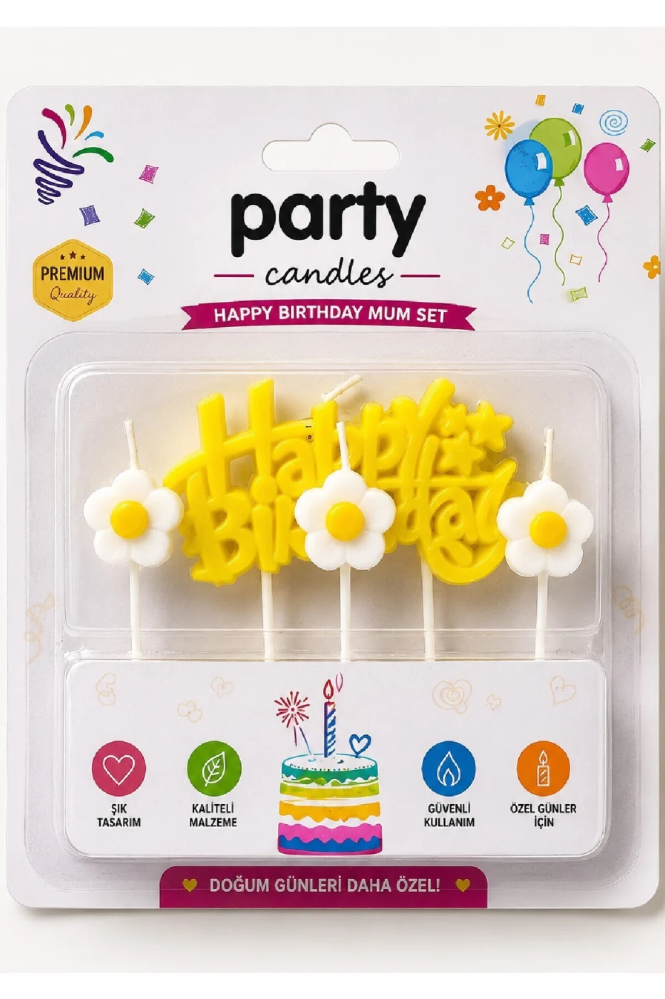 🌼 Premium Papatya Happy Birthday Pasta Mum Seti – 4 Parça gorsel 6