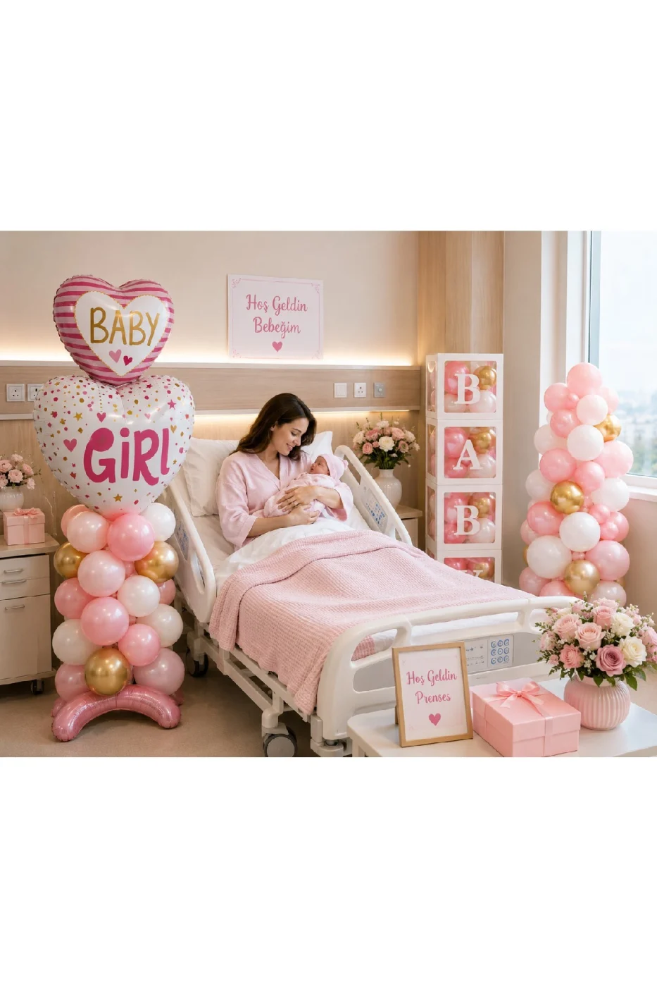 Baby Girl Hastane Odası Süsleme Seti – Hoş Geldin Bebek Kız Balon Dekorasyon Seti | BABY Kutu, Balon Standı ve Balon Zinciri