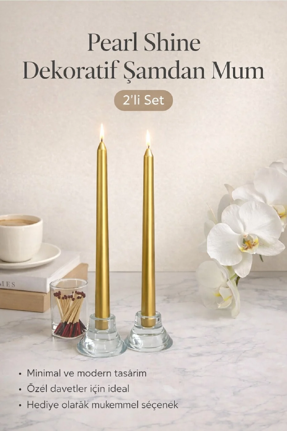 LUXE Şamdan Mum Seti 2’li Gold / Ivory / Silver Dekoratif Uzun Şamdan Mum
