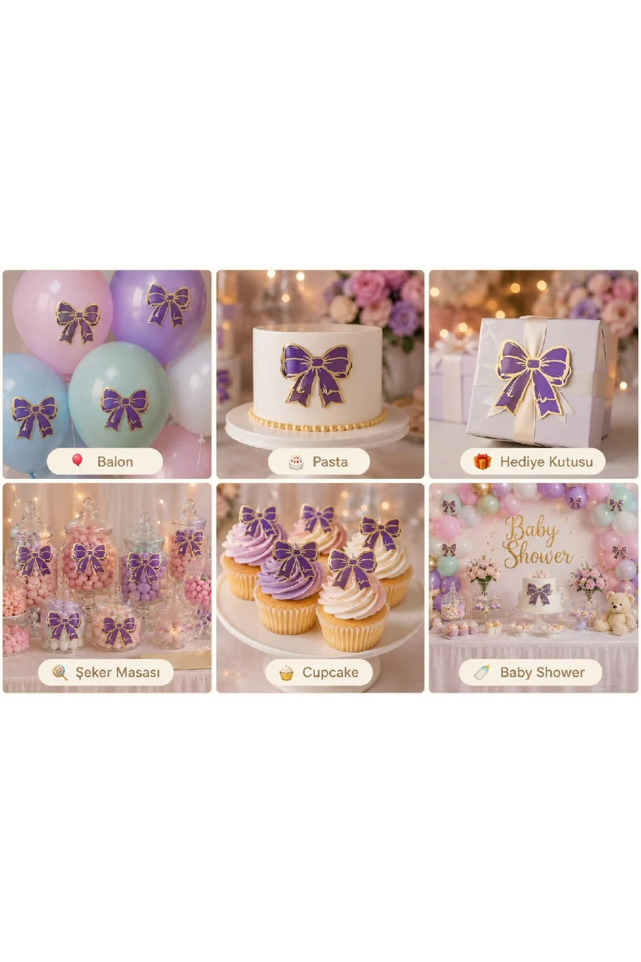 Renk Seçenekli Fiyonk Balon ve Pasta Dekor Fiyonk Seti 12 Adet Büyük & Küçük Boy Parti Süsü Baby Shower Doğum Günü Seti Süsü gorsel 6