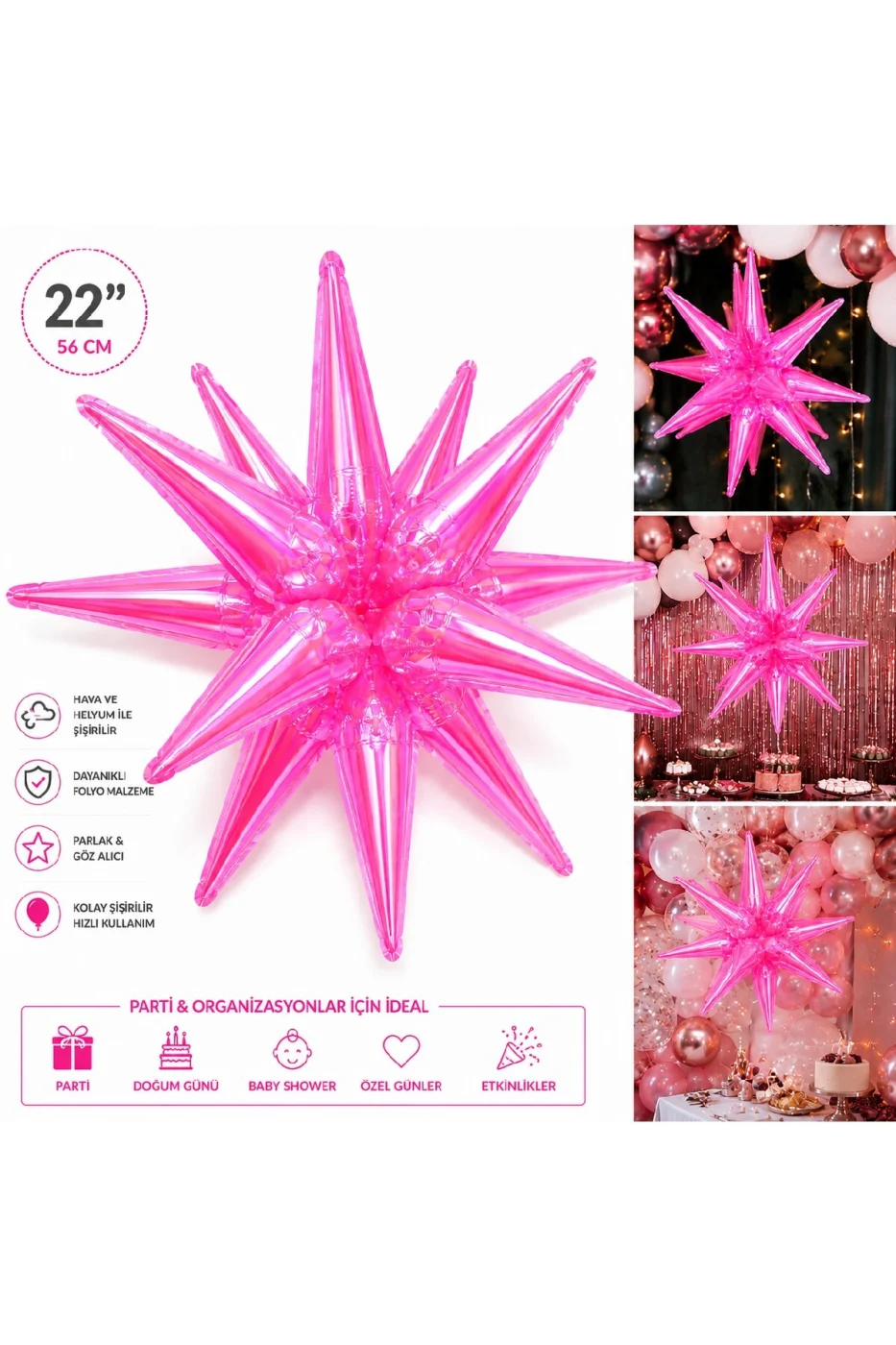 22 İnç Holografik 3D Kutup Yıldız Folyo Balon Neon (Renk) Parti Süsü Helyum Uyumlu 56 cm gorsel 4
