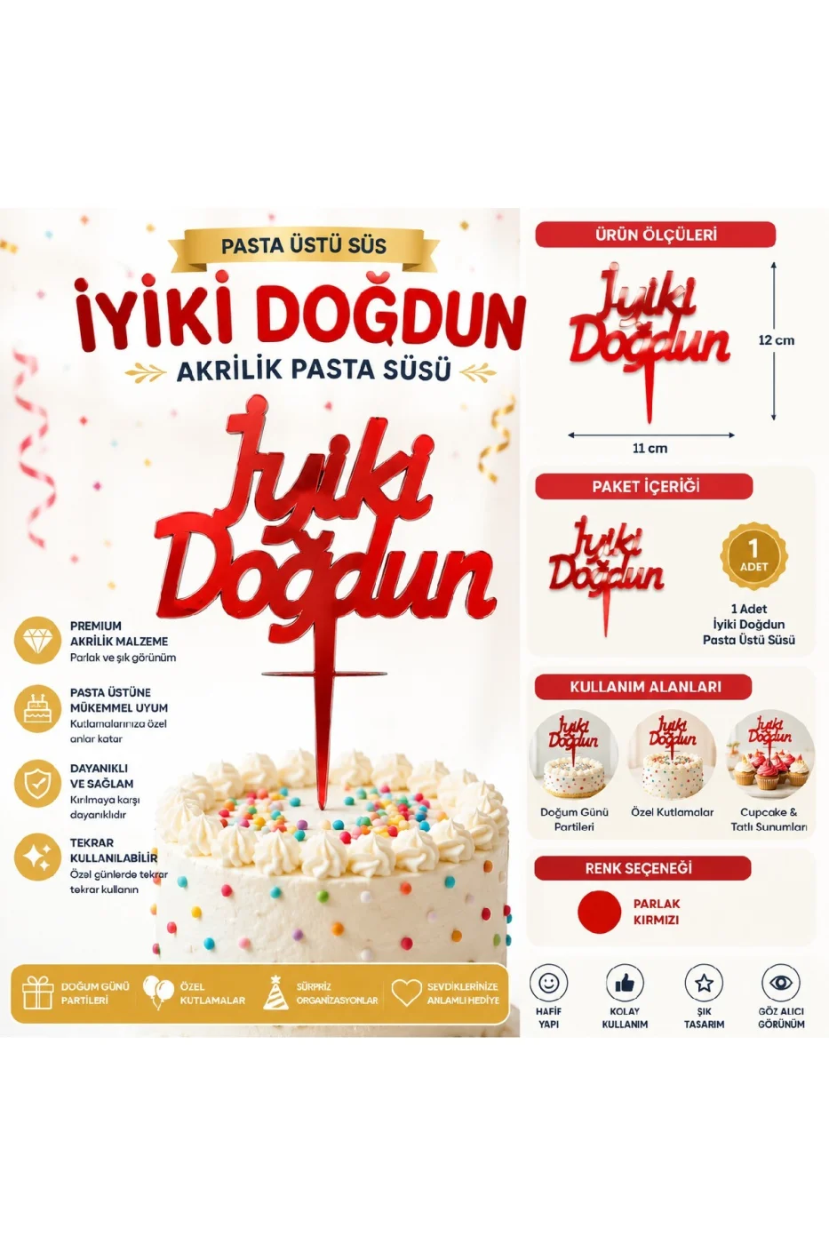 İyiki Doğdun ve Happy Birthday Pasta Üstü Süsü Yazısı Akrilik Parlak Doğum Günü Pasta Yazısı Topper 11x12 cm Doğum Günü Parti Pastası Dekoru gorsel 2