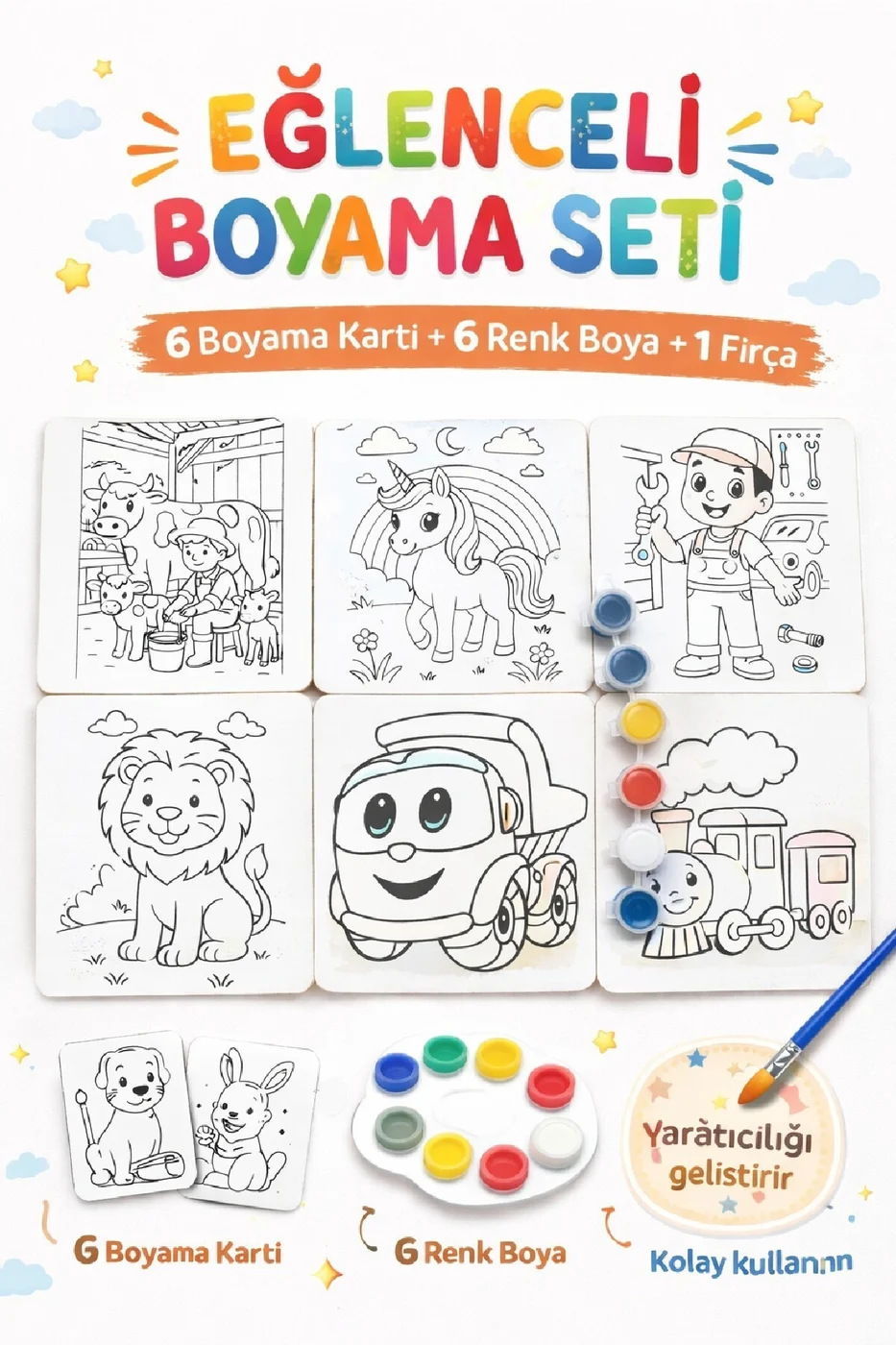 Boyama Kitabı Seti Değil! 6 Parça Kartlı Boyama Seti (Fırça + Boya Dahil) | Çocuk Aktivite Seti