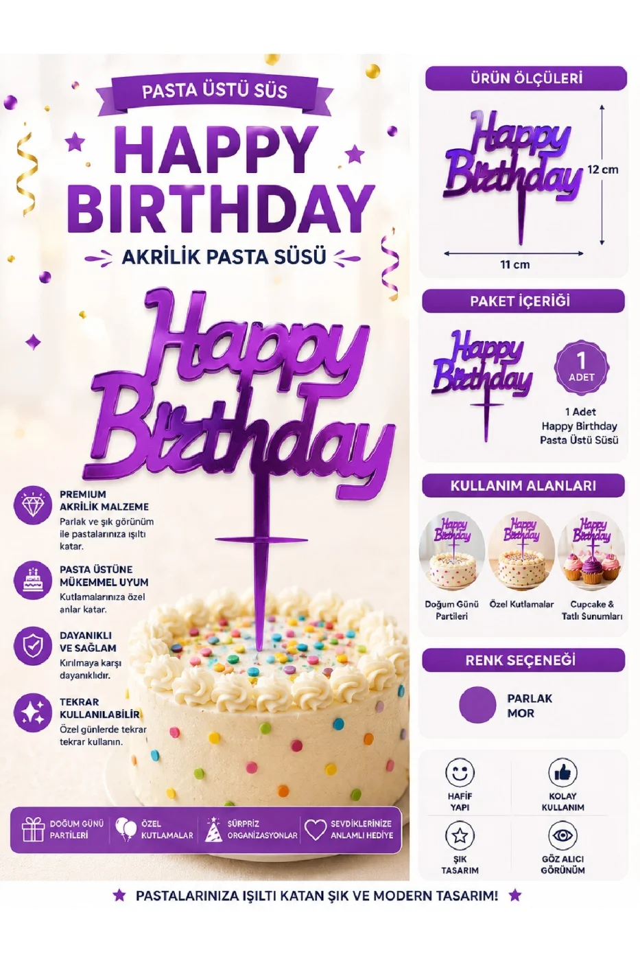 İyiki Doğdun ve Happy Birthday Pasta Üstü Süsü Yazısı Akrilik Parlak Doğum Günü Pasta Yazısı Topper 11x12 cm Doğum Günü Parti Pastası Dekoru gorsel 2