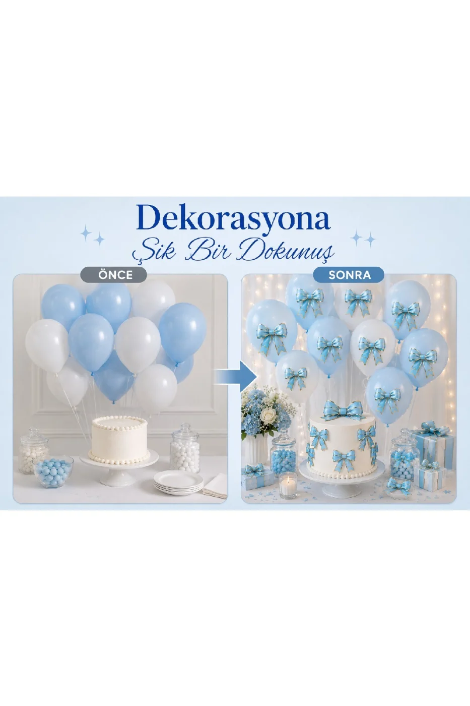 Renk Seçenekli Fiyonk Balon ve Pasta Dekor Fiyonk Seti 12 Adet Büyük & Küçük Boy Parti Süsü Baby Shower Doğum Günü Seti Süsü