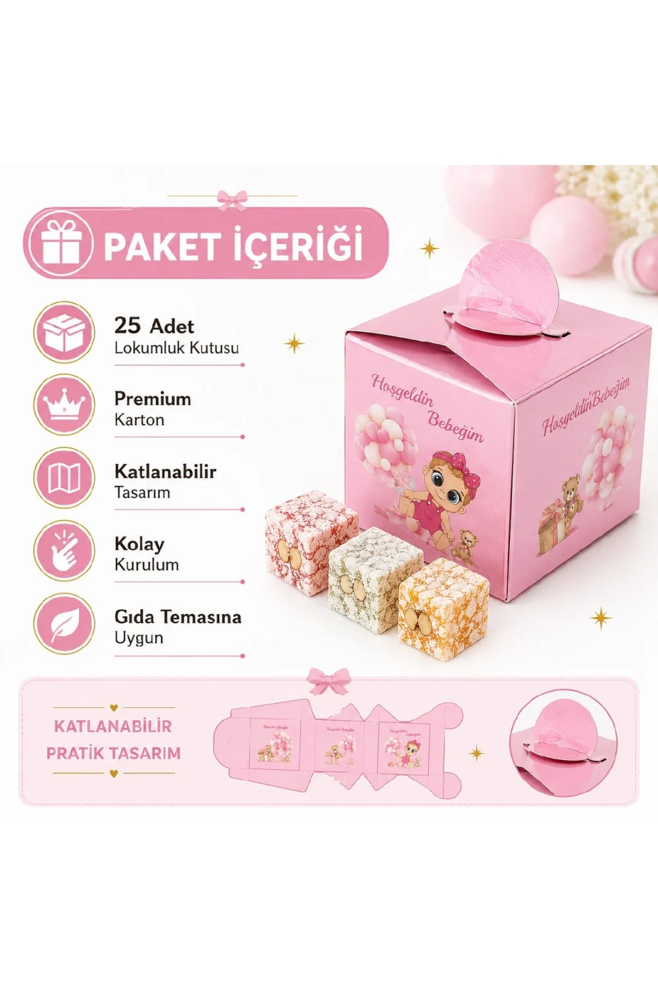 25 Adet Hoş Geldin Bebeğim Lokum Kutusu | Baby Shower Pembe Hediyelik Şeker Kutusu | Premium Karton gorsel 6