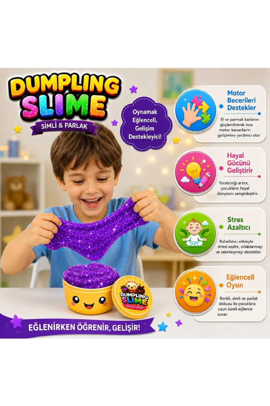 Çin Mantısı Slime Simli Oyun Hamuru Tekli | Glitter Slime | Esnek Yumuşak Doku | Kapaklı Kutu | 6 Renk Seçeneği gorsel 6