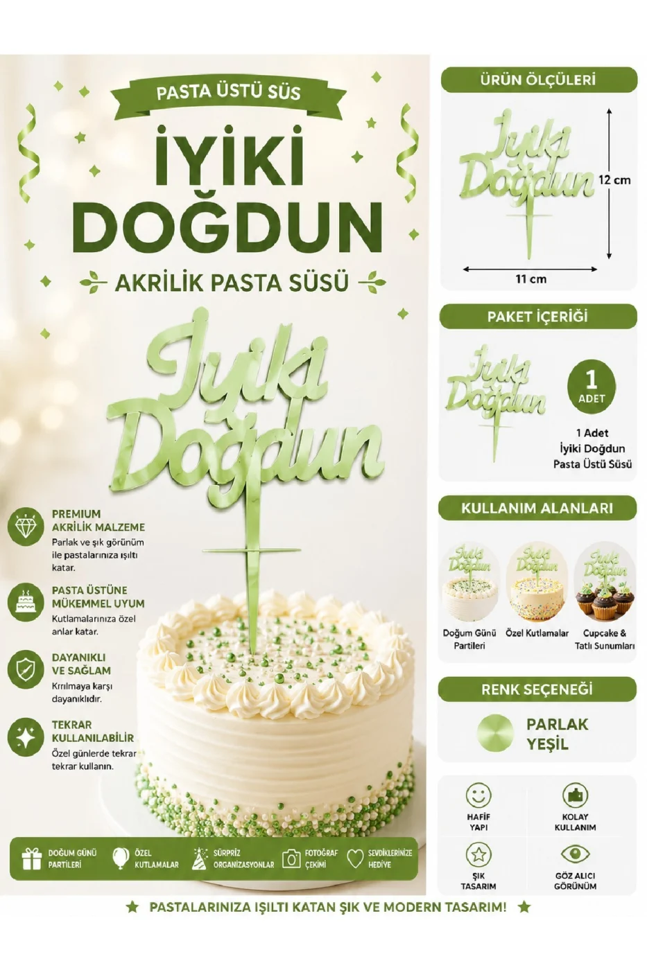 İyiki Doğdun ve Happy Birthday Pasta Üstü Süsü Yazısı Akrilik Parlak Doğum Günü Pasta Yazısı Topper 11x12 cm Doğum Günü Parti Pastası Dekoru