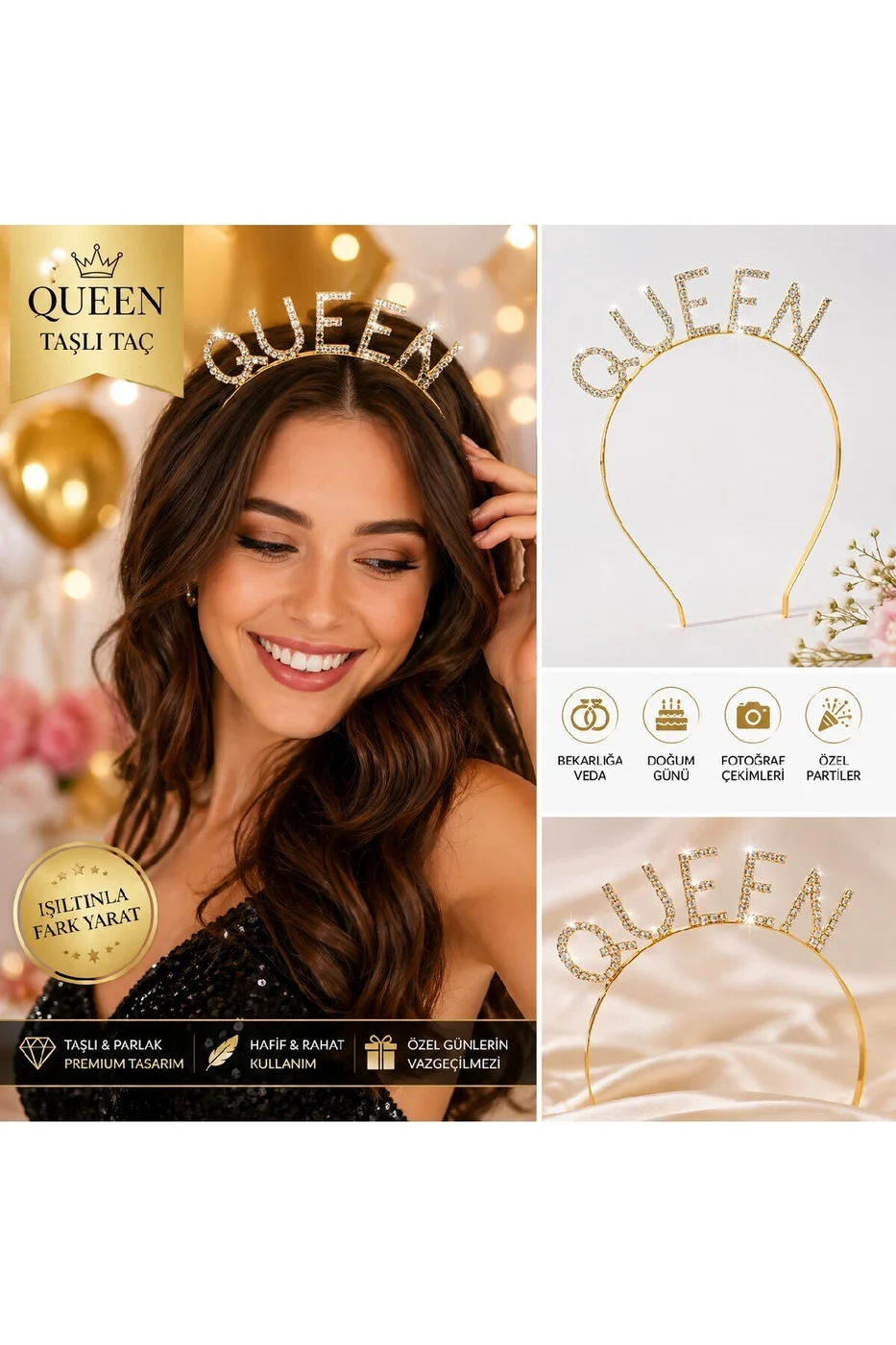 Queen Taşlı Taç Gold – Bekarlığa Veda & Doğum Günü Parti Tacı gorsel 2