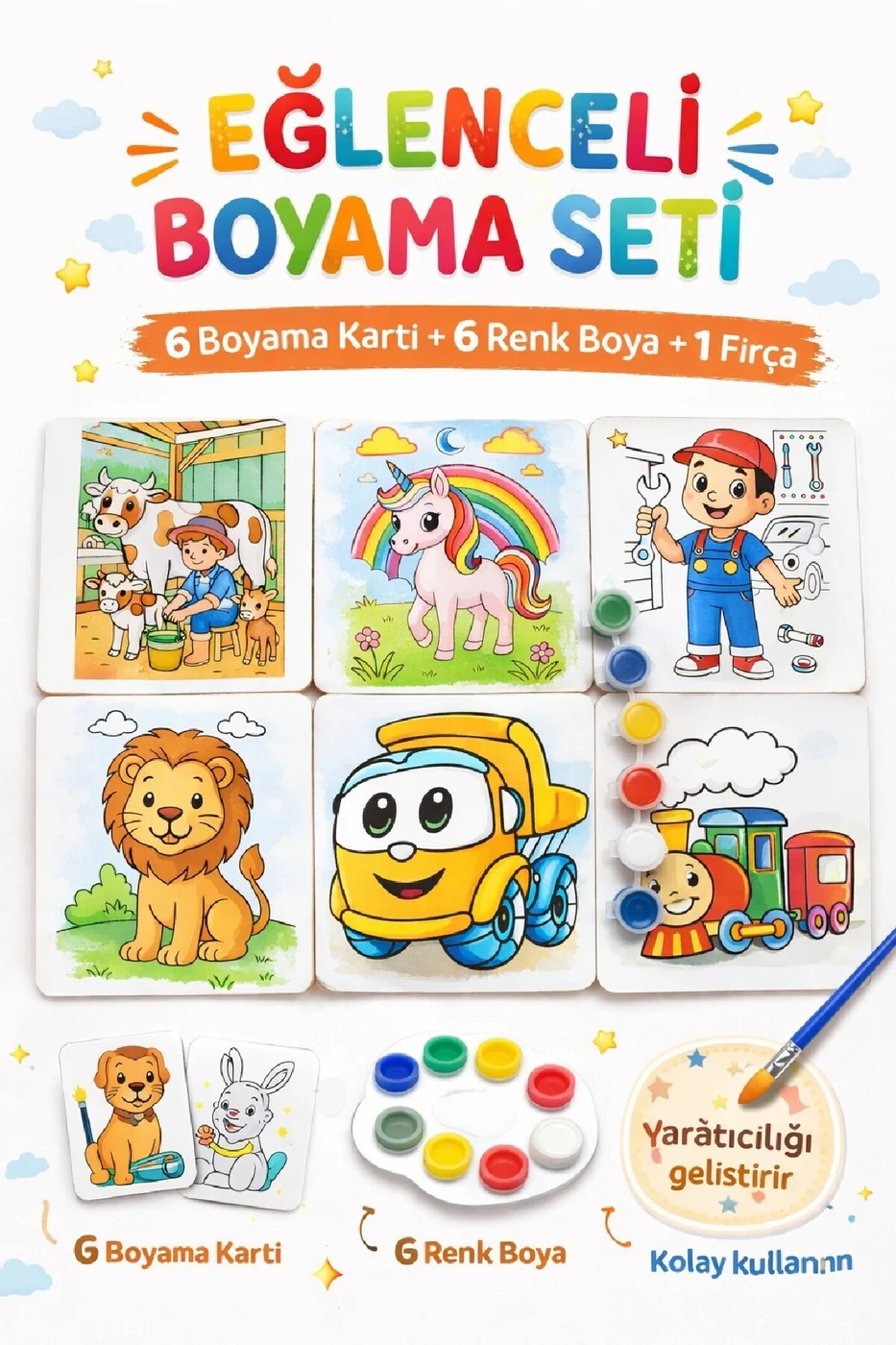 Boyama Kitabı Seti Değil! 6 Parça Kartlı Boyama Seti (Fırça + Boya Dahil) | Çocuk Aktivite Seti gorsel 6