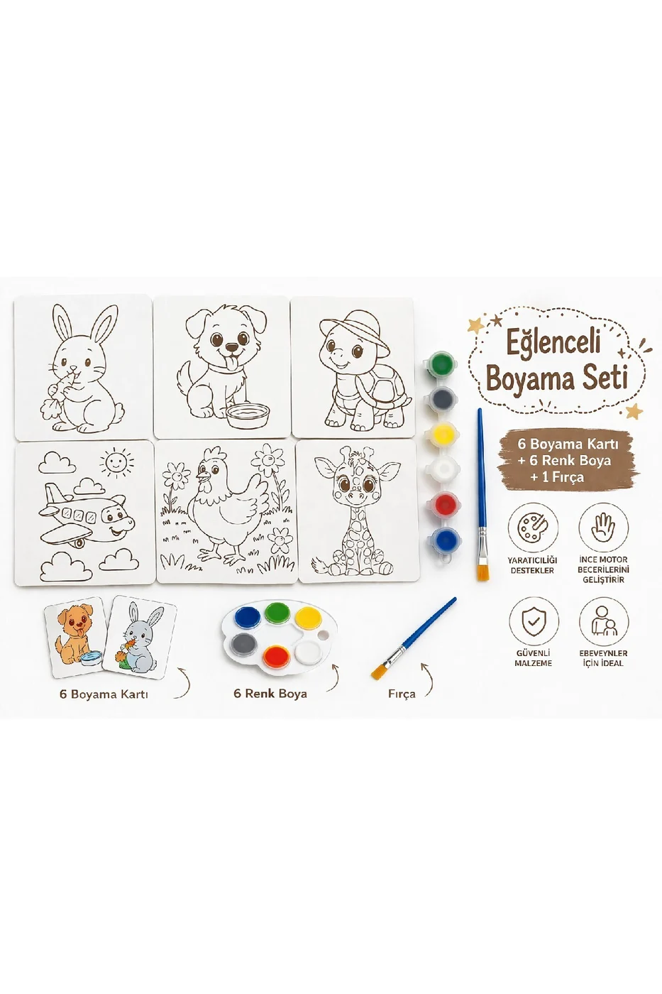 Boyama Kitabı Seti Değil! 6 Parça Kartlı Boyama Seti (Fırça + Boya Dahil) | Çocuk Aktivite Seti gorsel 6