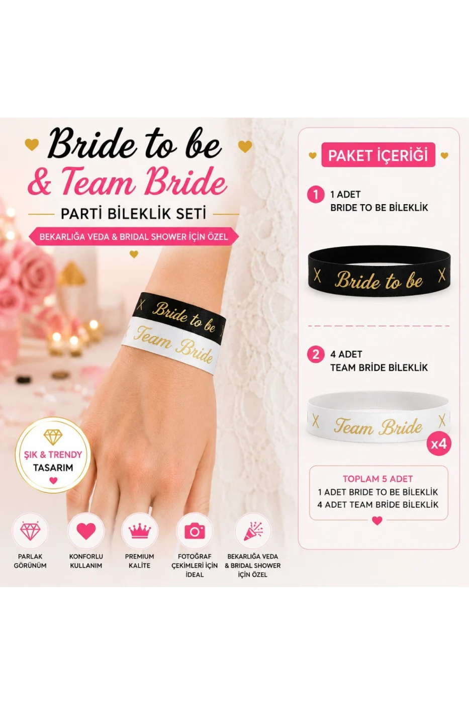 Bride To Be Bileklik Seti 5'li | 1 Bride To Be + 4 Team Bride | Bekarlığa Veda & Bridal Shower Parti Aksesuarı gorsel 2