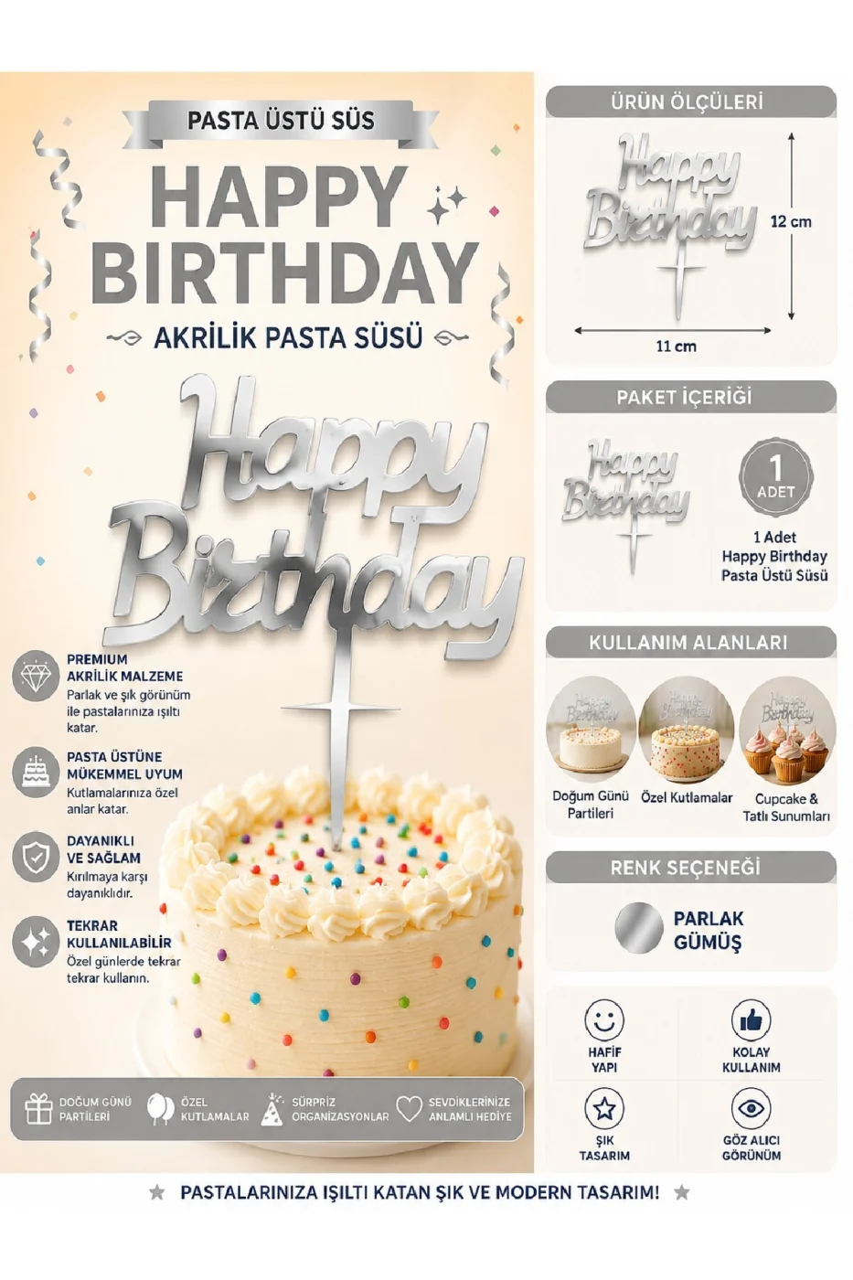 İyiki Doğdun ve Happy Birthday Pasta Üstü Süsü Yazısı Akrilik Parlak Doğum Günü Pasta Yazısı Topper 11x12 cm Doğum Günü Parti Pastası Dekoru gorsel 2