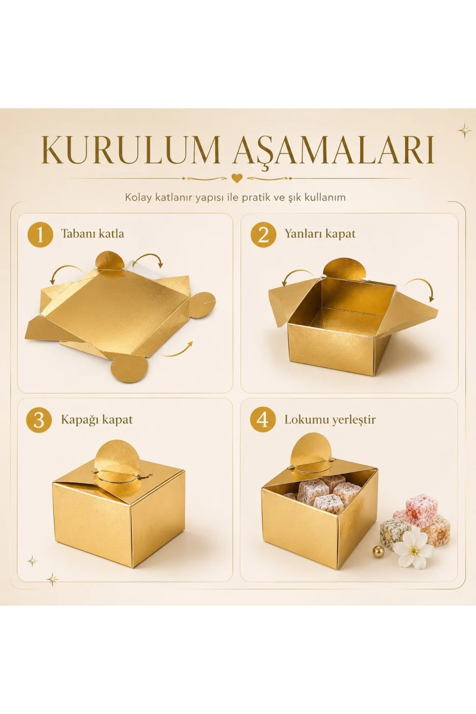 25 Adet Gold Gümüş Lokumluk Kutusu | Söz Nişan Düğün Mevlit Hediyelik Karton Lokum Kutusu | Premium Gold Gümüş