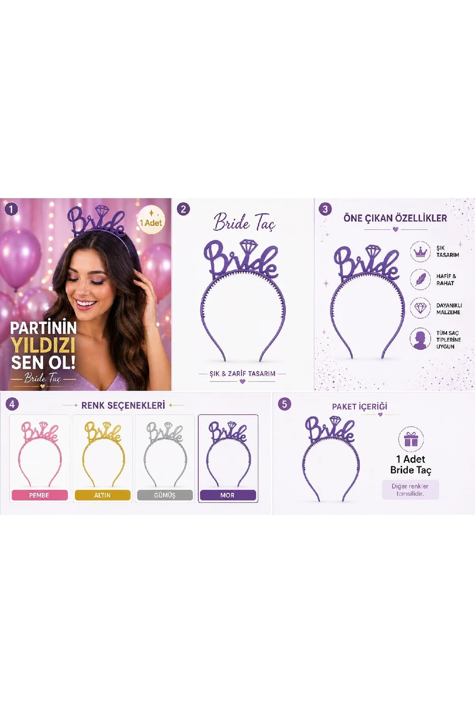 Mor Bride Taç – Bekarlığa Veda & Doğum Günü Parti Tacı gorsel 3