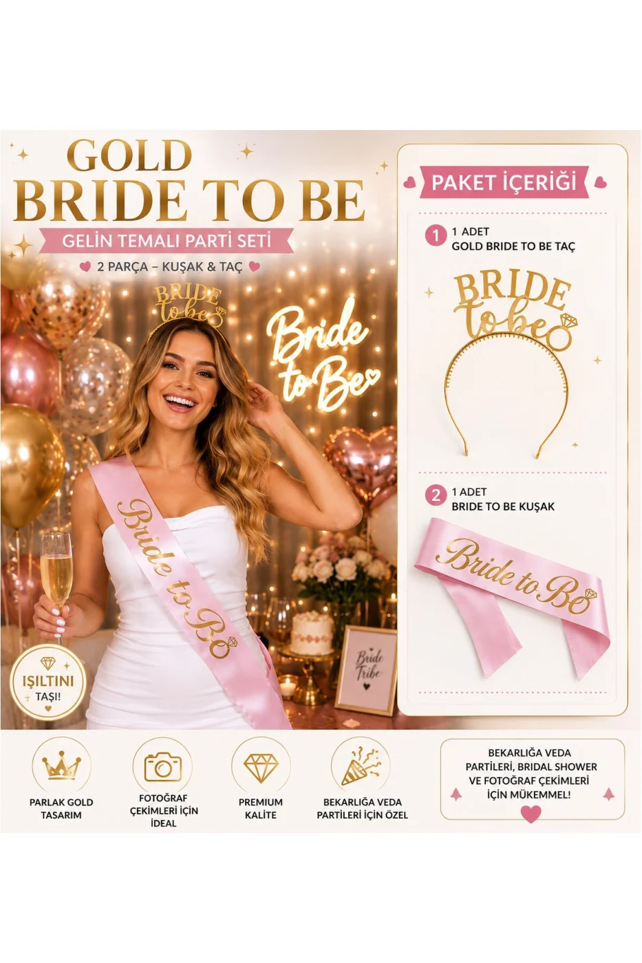 Bride To Be Taç ve Pembe Kuşak Seti - Bekarlığa Veda Gelin Aksesuarı - Bridal Shower Parti Seti gorsel 4