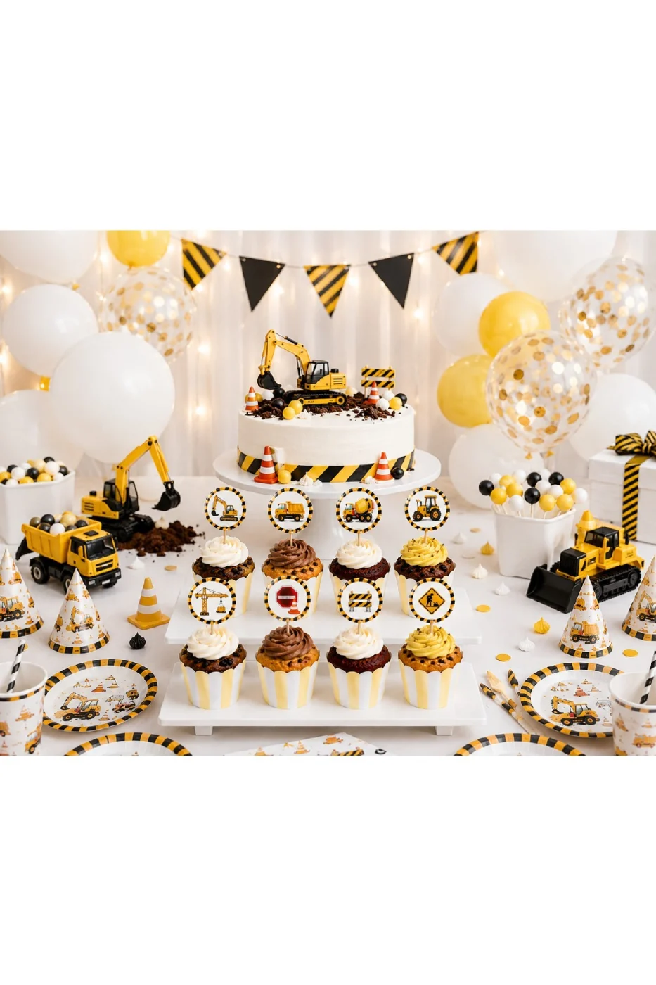 İnşaat Temalı Cupcake Seti 16 Parça – 8 Cupcake Kalıbı + 8 İş Makinesi Kürdan Süs Doğum Günü Parti Malzemesi gorsel 5