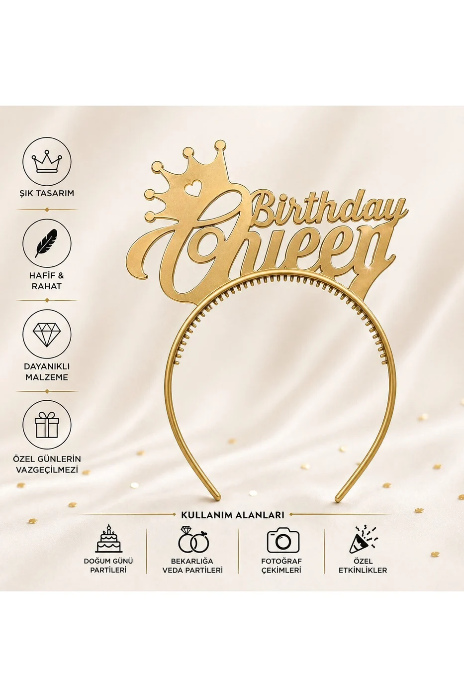 Birthday Queen Taç Renkli – Doğum Günü Tacı, Parti Tacı, Bekarlığa Veda Aksesuarı ( Mat Altın ) gorsel 3