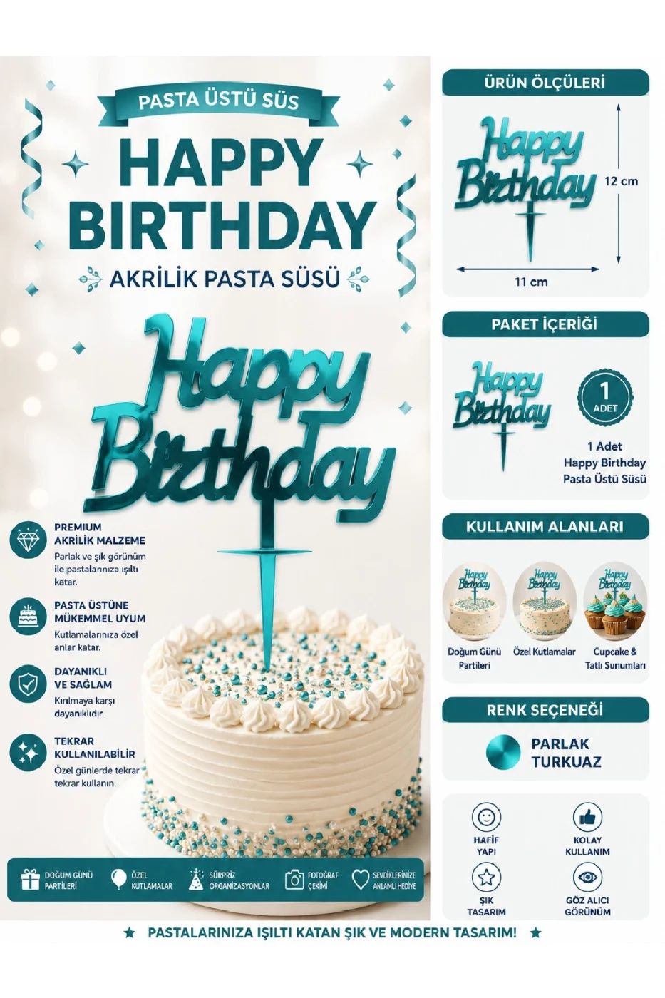 İyiki Doğdun ve Happy Birthday Pasta Üstü Süsü Yazısı Akrilik Parlak Doğum Günü Pasta Yazısı Topper 11x12 cm Doğum Günü Parti Pastası Dekoru