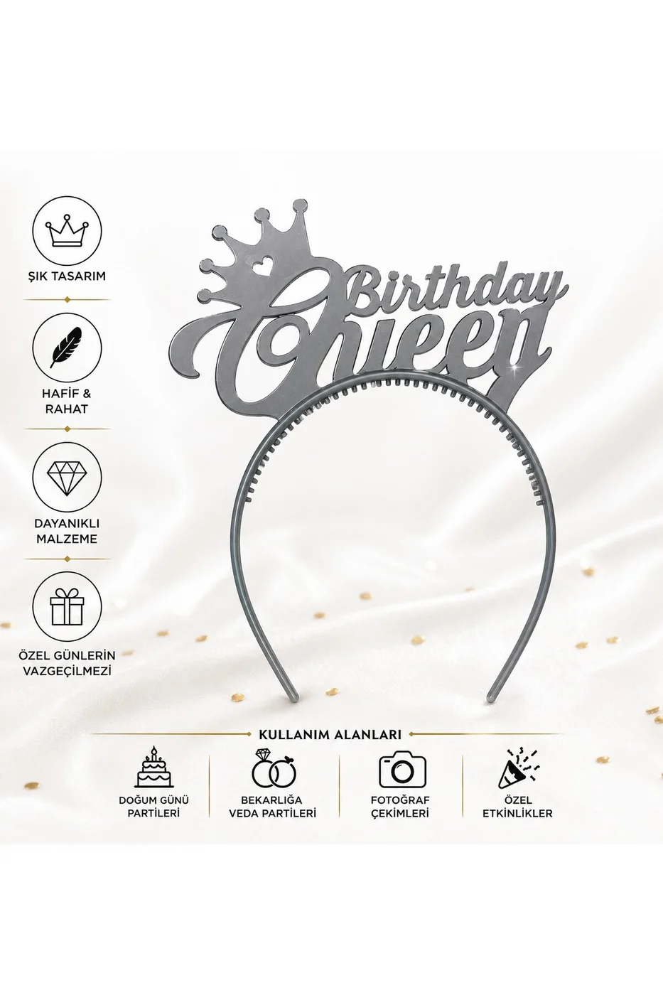 Birthday Queen Taç Renkli – Doğum Günü Tacı, Parti Tacı, Bekarlığa Veda Aksesuarı ( Mat Gümüş ) gorsel 3